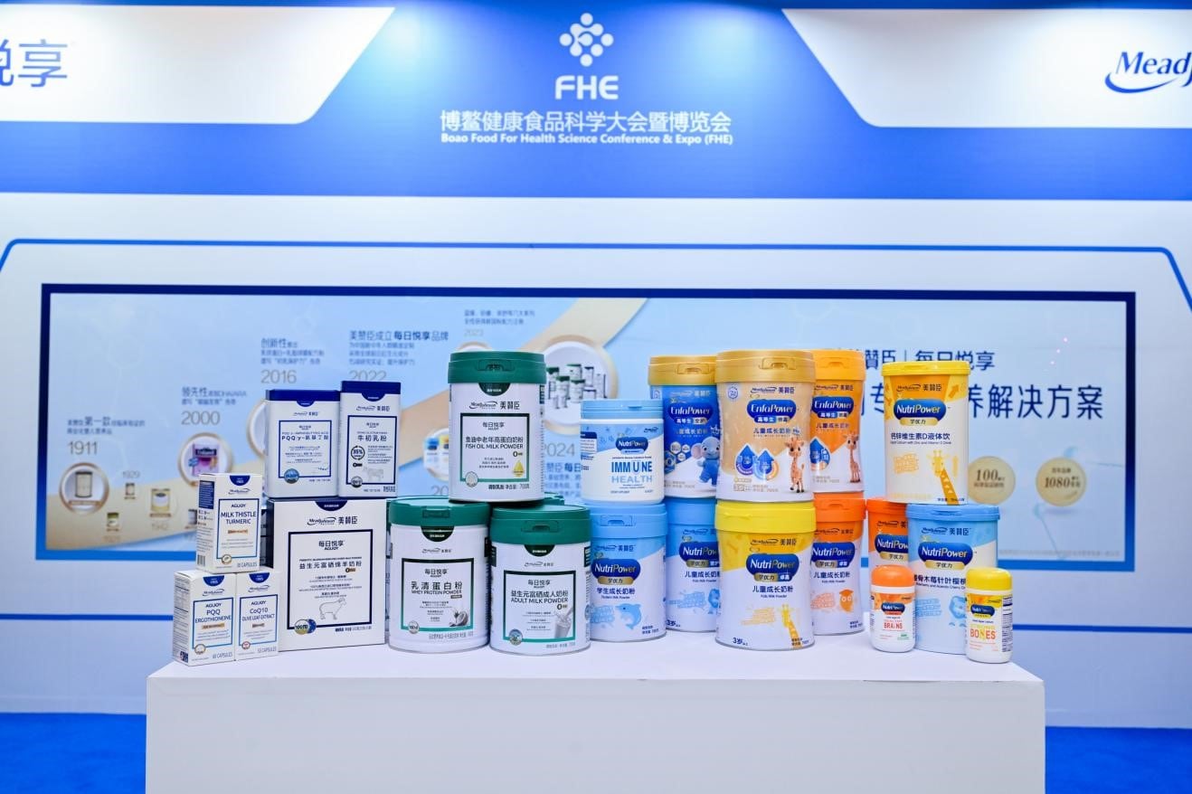 Mead Johnson China showcasing its seniors nutrition products sold under the brand Agijoy and kids nutrition products branded NutriPower.