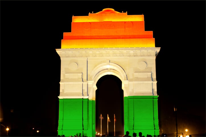 A picture showing the India Gate painted in the colours of India's national flag.