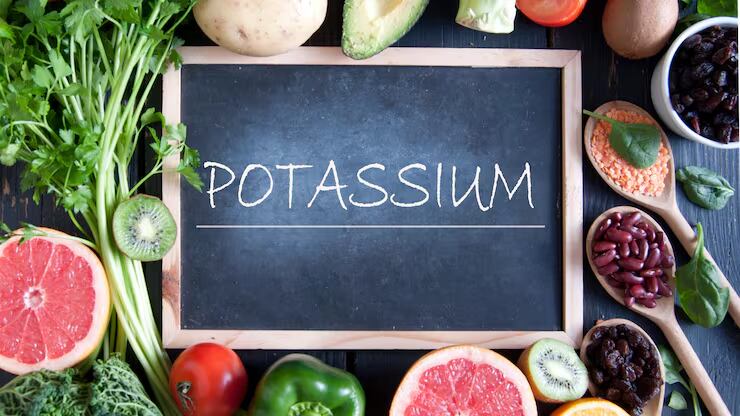 A photo showing food and fruits rich in potassium.