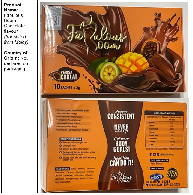 Fabulous Boom Chocolate Flavour was flagged for containing sibutramine - a prescription-only weight loss medicine banned in Singapore since 2010.