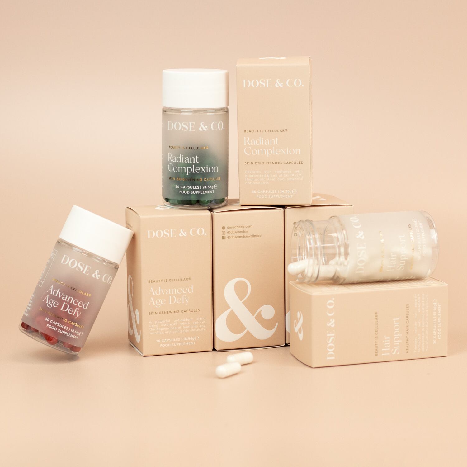 Dose & Co's Beauty is Cellular range: Radiant Complexion, Advanced Age Defy and Hair Support.