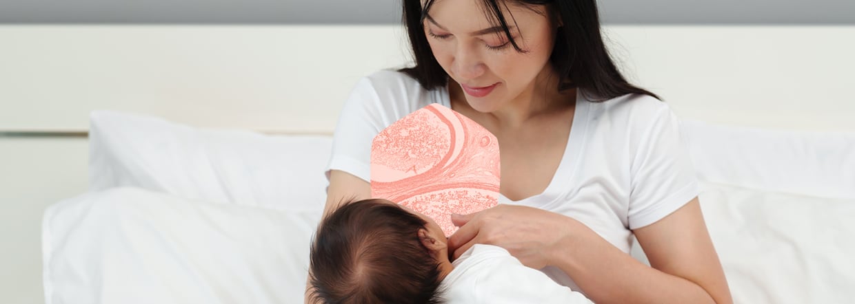 Woman breastfeeding baby on bed
