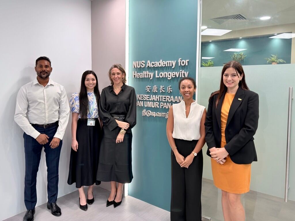NUS Medicine’s Academy for Healthy Longevity team, outside their new clinical trial centre. From left to right: Mr Shivaji Rikka, Ms Jane Ong, Professor Andrea Maier, Dr Dotou Mazzarine, and Dr Ajla Hodzic Kuerec.