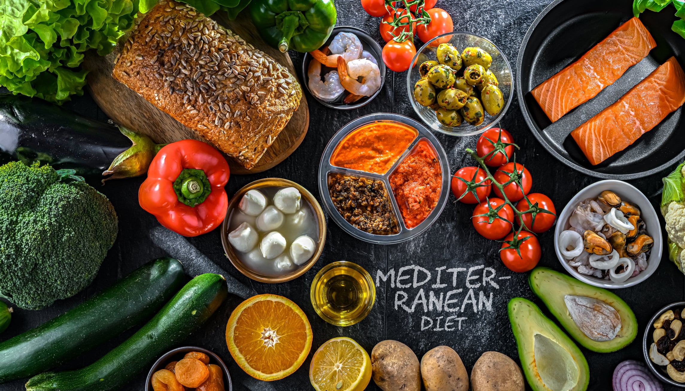 Food products representing the Mediterranean diet