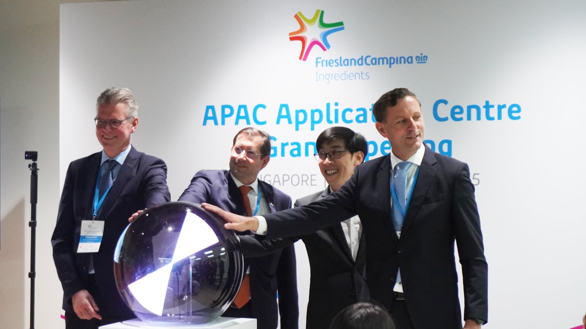 Tjalling Bekker, Regional Director APAC, FrieslandCampina Ingredients (from left), Chris Devillers, Deputy Ambassador, Embassy of the Netherlands, Chan Ih-Ming, Executive Vice President, Digital Economy and Hub Services, Singapore Economic Development Board, and Anne Peter Lindeboom, President, FrieslandCampina Ingredients at the opening ceremony of FrieslandCampina Ingredients' application center in Singapore.