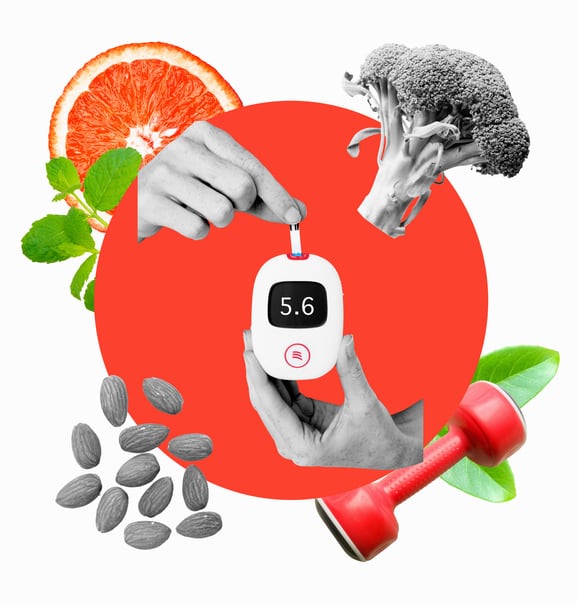 Collage of food and medical related items which help in the prevention and management of diabetes.