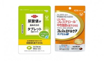 Taisho's latest food with function claim supplements for uric acid (left) and cholesterol (right) ©Taisho