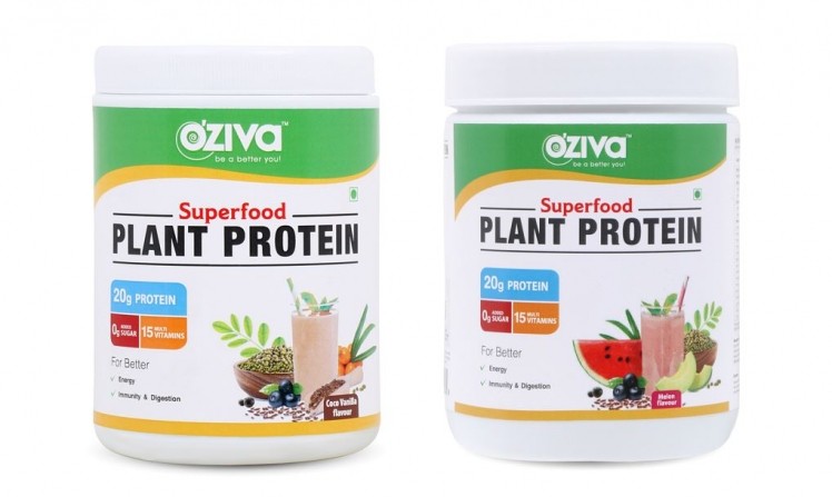 OZiva's Superfood Plant Protein contains 20g of plant protein and 15 multivitamins and minerals per serving ©OZiva