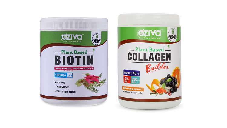 Oziva's plant-based biotin and plant-based collagen builder. 