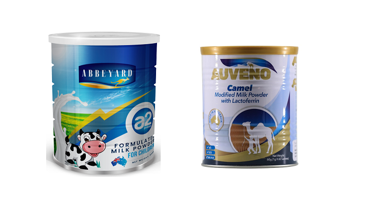 Jatenergy's has launched an a2 milk powder under the brand 'Abbeyard' (left) and a lactoferrin-enriched camel milk sold under the brand ‘Auveno’. © Jatenergy 