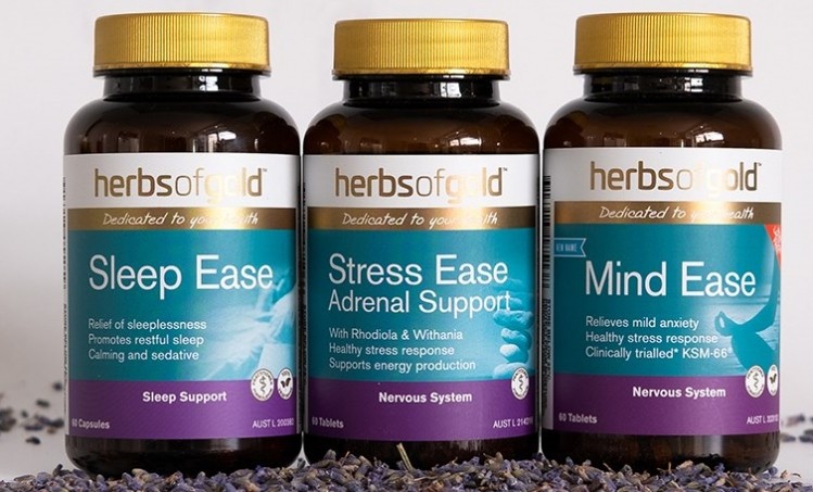 Herbs of Gold's products for stress and sleep. 
