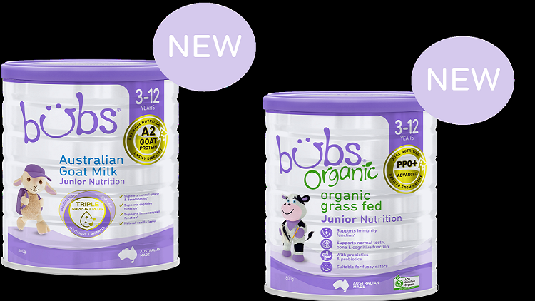 Bubs' new junior nutrition products. 
